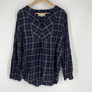Loft Tunic Top Size Medium Blue Black Red Plaid Puff Sleeve Flannel Shirt V Neck